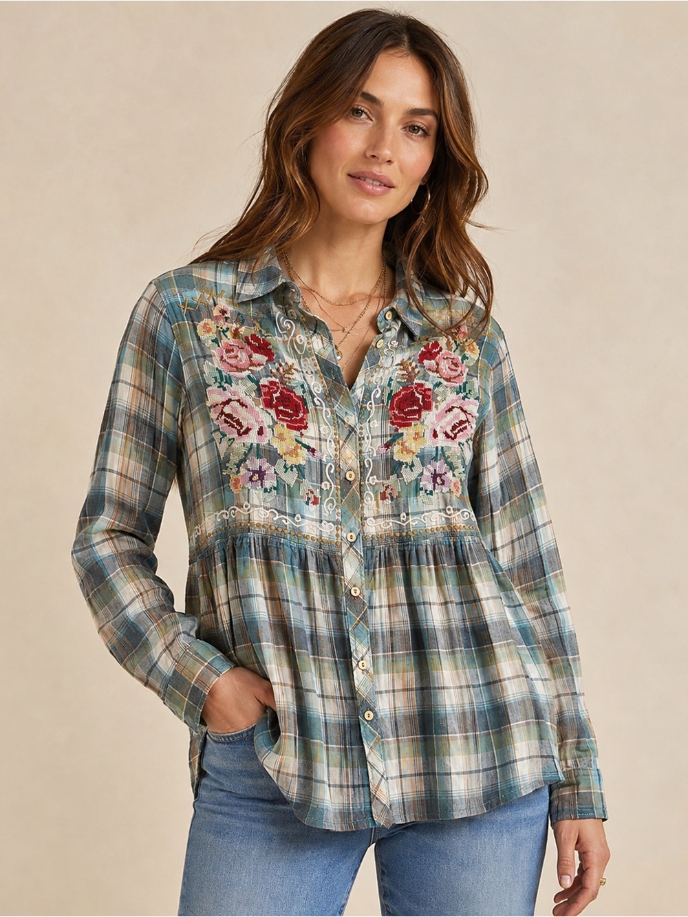 Johnny Was 3J Workshop blue plaid button up embroidered blouse with roses